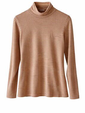 Lands End Striped Turtleneck Top Camel Tan Black Long Sleeve Soft M